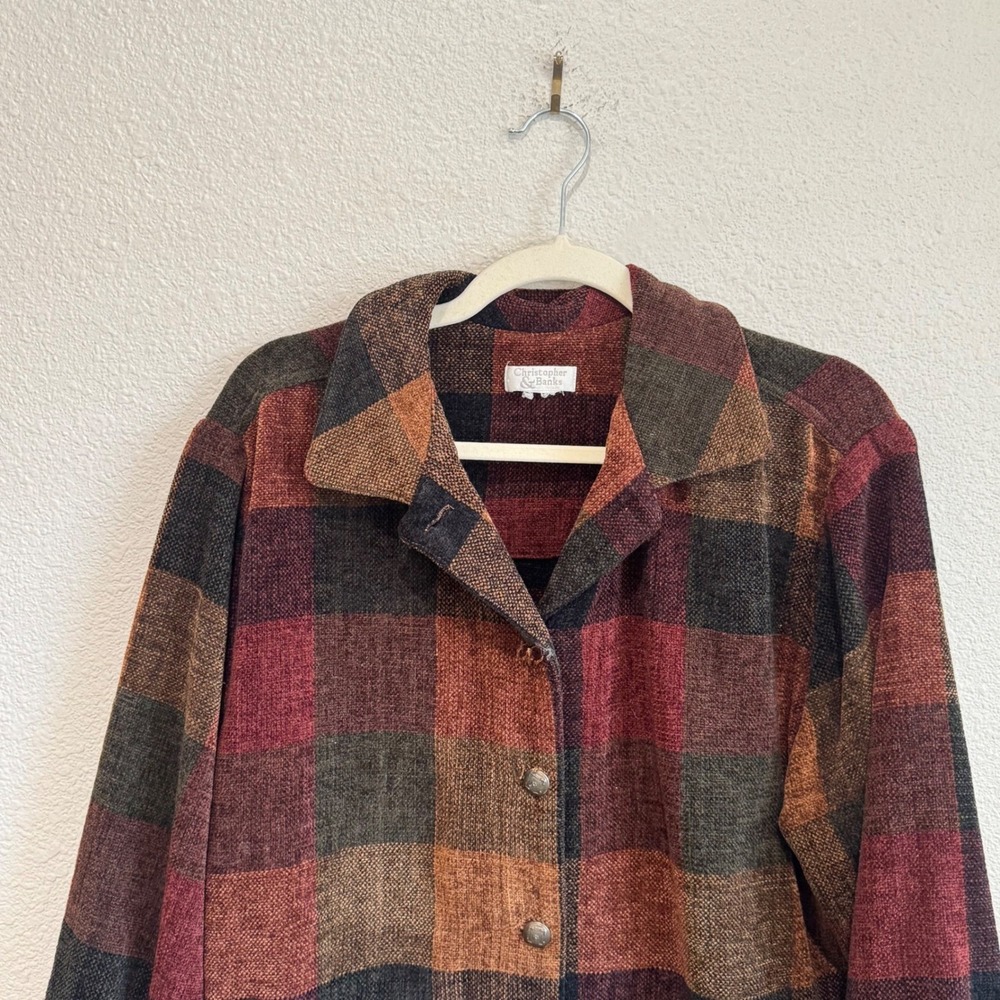 VTG 90s‎ Christopher & Banks Plaid Chenille Cardigan Fall Gorpcore Cabin Woods - Picture 2 of 13
